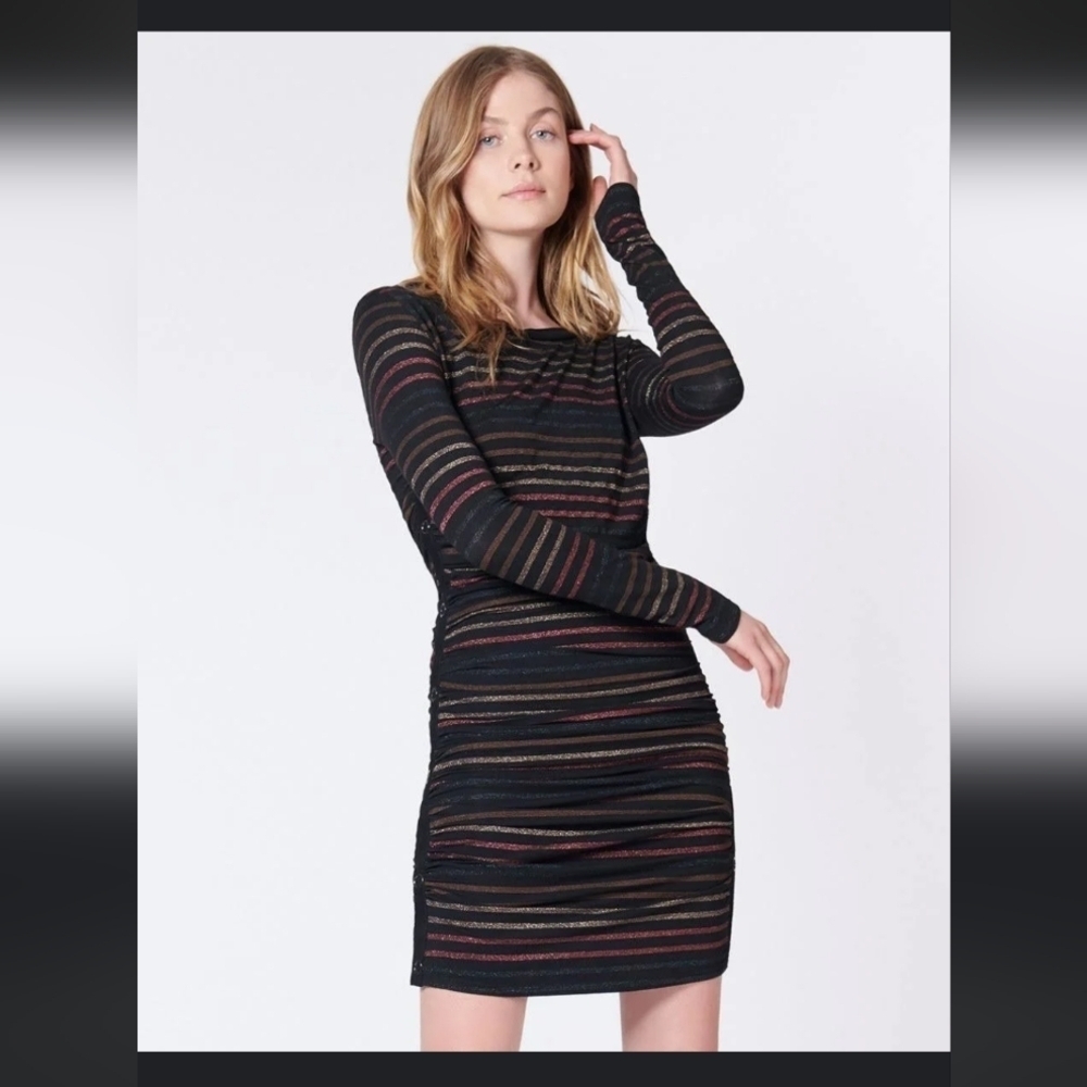 Veronica Beard Jeans Striped Metallic Long Sleeve Daphne Dress Snap Sides Ruched